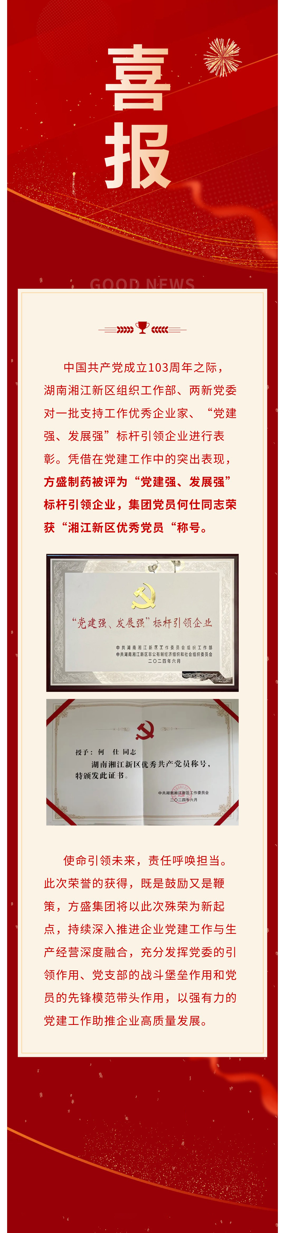喜报｜新宝gg制药荣获“党建强、生长强”标杆引领企业称呼、何仕同志荣获“湘江新区优异党员“称呼_新宝gg